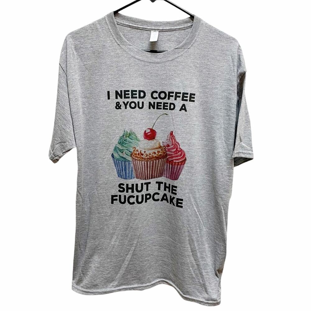 Shut the fucupcake heather gray novelty adult humor T-shirt Large